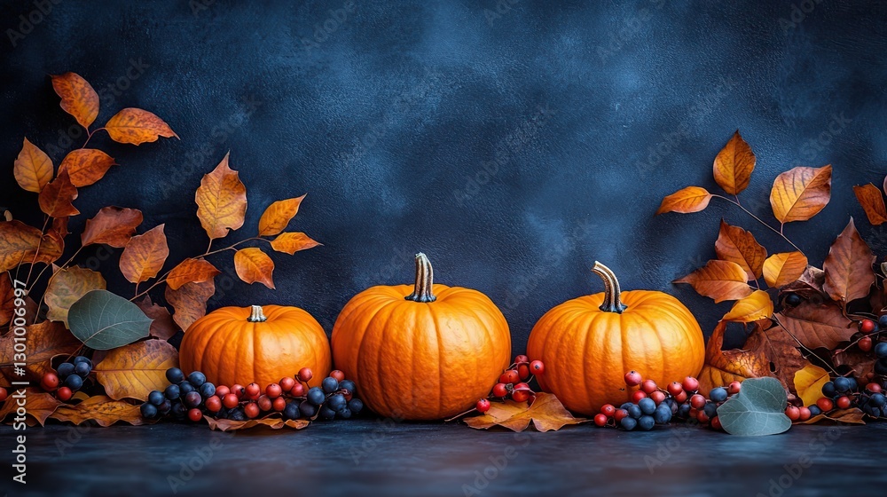 Pumpkins, fall leaves, and berries decorate a rustic wooden table for an autumnal feel. Pumpkins, fall leaves, and berries decorate a rustic wooden table for an autumnal feel.