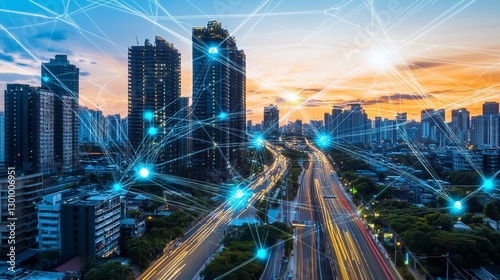 Wallpaper Mural Cityscape at Dusk with Network Connections Torontodigital.ca