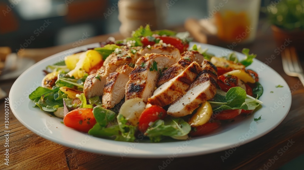 Caesar style salad - delicious grilled chicken breast slices and fresh vegetables and seasonings served on white plate on wooden table Caesar style salad - delicious grilled chicken breast slices and fresh vegetables and seasonings served on white plate on wooden table