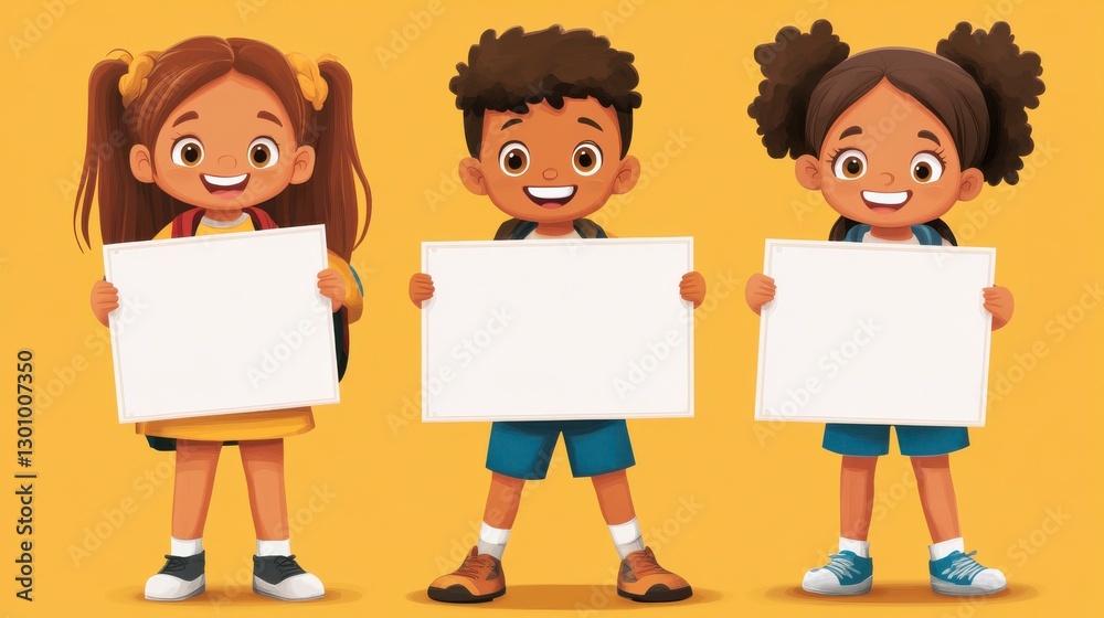 Cartoon children holding blank signs illustrate a fun group message Cartoon children holding blank signs illustrate a fun group message