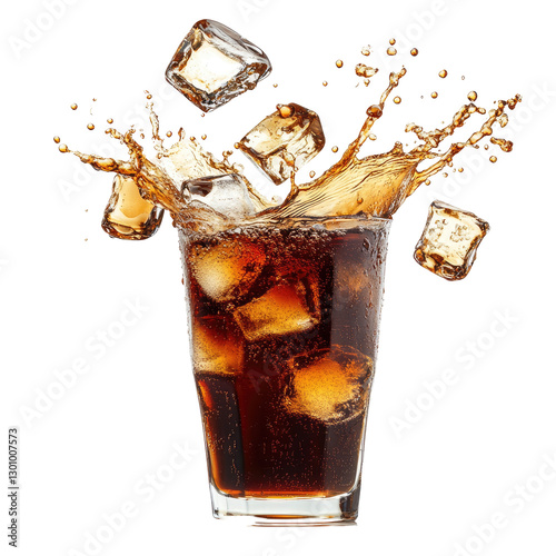 A dynamic splash of dark fizzy cola on transparent background