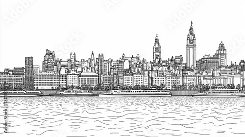Line art of a panoramic shot of Liverpool’s skyline with ferries crossing the Mersey River