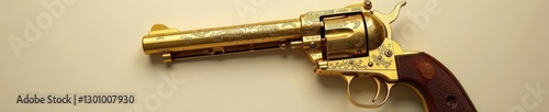 Golden revolver on a neutral background, highlighting the craftsmanship of its engravings, revolver, golden, background