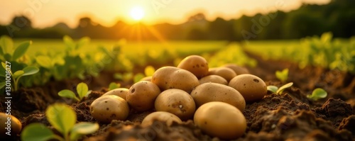 Golden sunlight falls on freshly harvested potatoes in a field, field, agriculture
