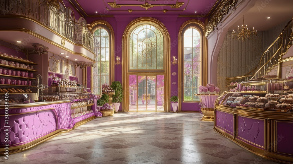 Obraz premium 3D render of a fantasy chocolate shop interior, with a Candyland theme featuring a pink and purple color scheme.