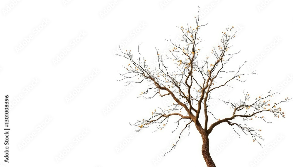 Fototapeta premium Lone deciduous tree, branches reaching skyward, stark white backdrop, vibrant, branches