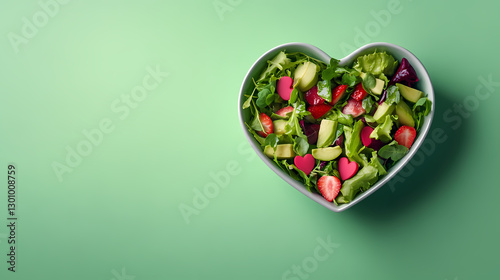 Fresh Salad in Heart-Shaped Bowl on Green Table