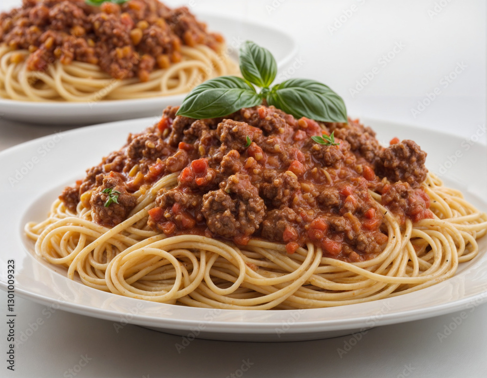 A dish with spaghetti Bolognese on a white backdrop. A dish with spaghetti Bolognese on a white backdrop.