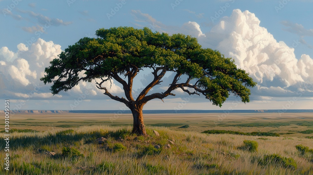 Lush Green Single Tree on Hill Against Blue Sky and Cloudy Background Lush Green Single Tree on Hill Against Blue Sky and Cloudy Background