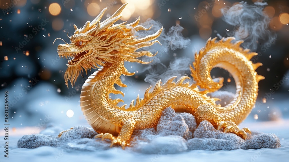 Obraz premium Golden Dragon Figurine in Winter Scene