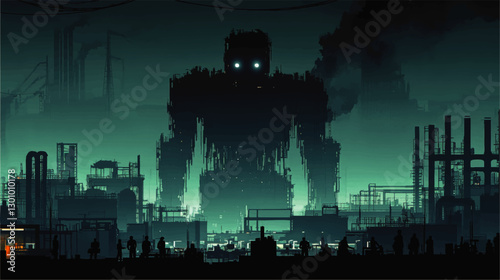 Giant Cyberpunk Robot Overlooks Industrial Cityscape with Silhouetted Figures in Atmospheric Night Scene - Futuristic Sci-Fi Industrial Art