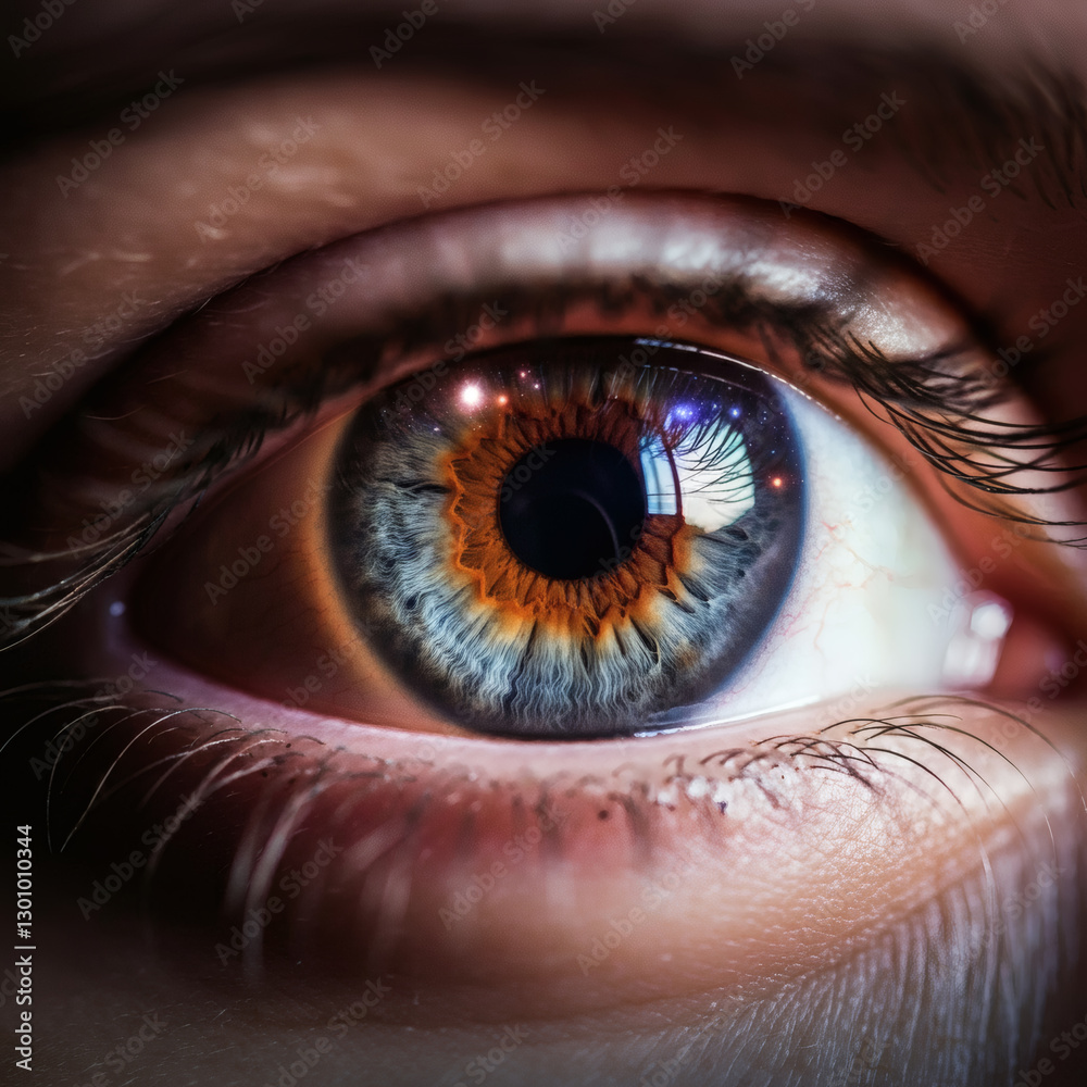 Fototapeta premium Macro shot of mesmerizing human eye with cosmic reflection vibrant iris details deep vision insight perspective consciousness