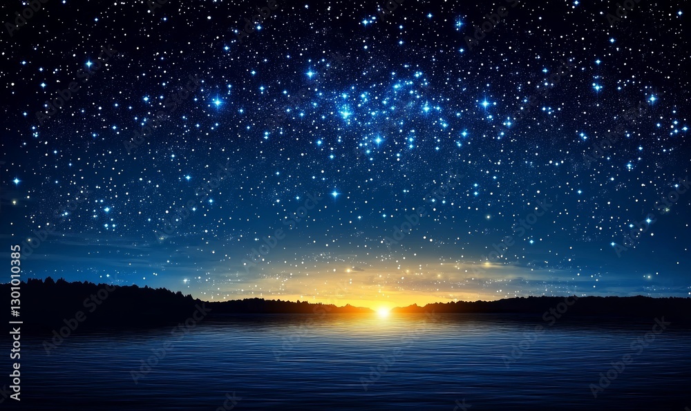 a beautiful night sky with stars and a setting sun over a lake. a beautiful night sky with stars and a setting sun over a lake.