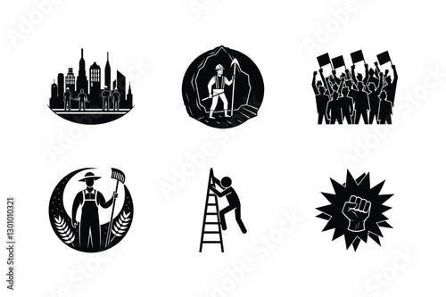 Six monochrome icons depict various labor sectors urban life, mining, protesting crowds, farming, climbing a ladder, and a raised fist symbolizing worker power.