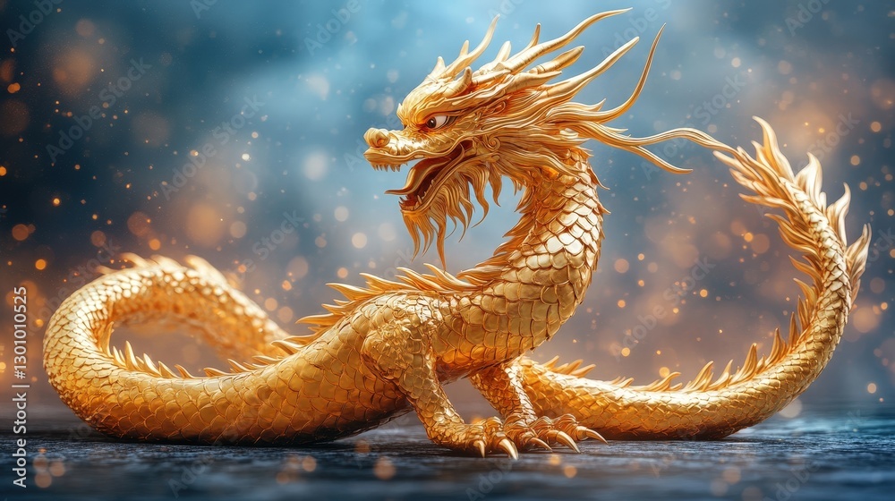Fototapeta premium Golden Dragon, Mystical Creature, Dark Background