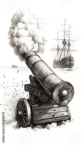 Vintage Cannon Firing with Sailing Ship in Background - Vector Art Illustration of Historical Maritime Battle Scene with Exploding Cannonball and Billowing Smoke