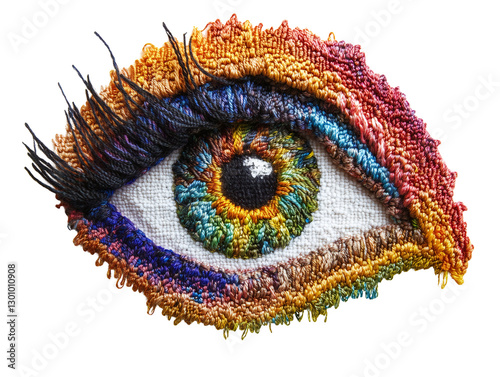 Creative image of an eye embroidered with multicolored threads with detailed texture. Abstract concept of art, craft and creative expression on transparent background.