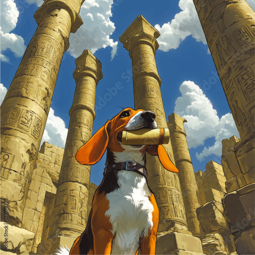 Vector Illustration of a Beagle with Scroll in Ancient Egyptian Temple - Majestic Columns, Hieroglyphs, and Clear Sky Create a Unique Blend of History and Art