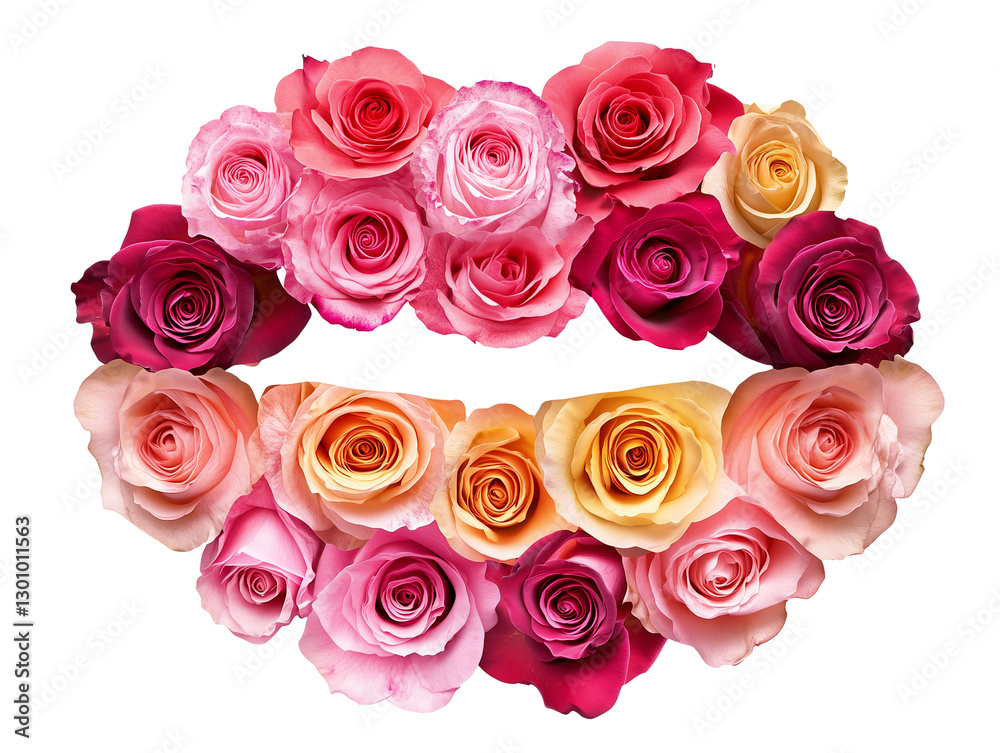Creative 3D image of lips formed from fresh roses of different shades. Abstract concept of beauty and romance on transparent background, perfect for design. Creative 3D image of lips formed from fresh roses of different shades. Abstract concept of beauty and romance on transparent background, perfect for design.