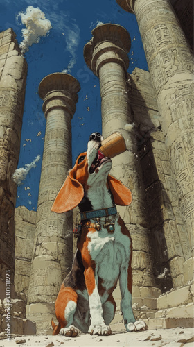 Vibrant Beagle at Ancient Egyptian Temple with Hieroglyphics and Corinthian Columns Under Blue Sky - Captivating Vector Art for Designers and Historians