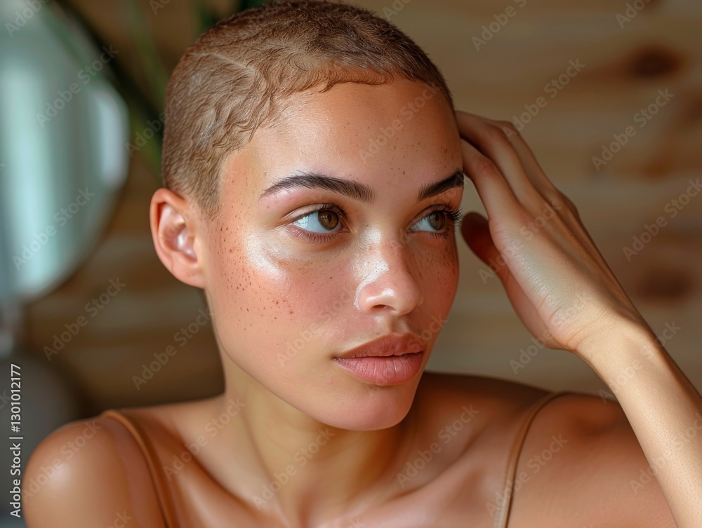 Fototapeta premium A young woman with short hair and light skin. She has expressive brown eyes and neat eyebrows. Freckles are visible on her face, and her skin looks smooth and radiant. She lightly touches her head wit