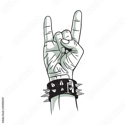 Metal and rock hand sign with spiked bracelet, on white background. Vector illustration