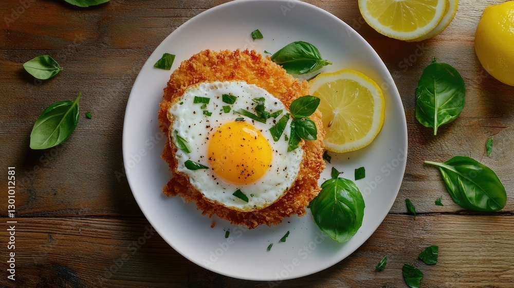 Crispy breaded fried chicken cutlet with fried egg on, basil leaves and lemon slices served on white plate on wooden table Crispy breaded fried chicken cutlet with fried egg on, basil leaves and lemon slices served on white plate on wooden table