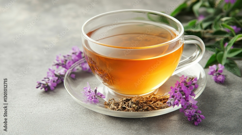 Composition with a Cup of healthy herbal tea and a set of dry tea and flowers. On a gray concrete background. Vertical photo. Composition with a Cup of healthy herbal tea and a set of dry tea and flowers. On a gray concrete background. Vertical photo.