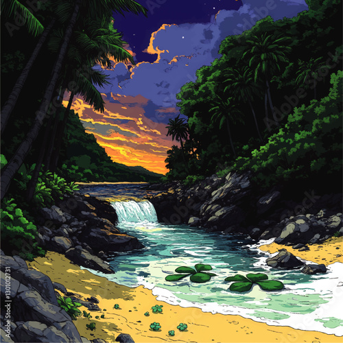 Serene Tropical Waterfall Illustration at Dusk with Vibrant Sunset and Lush Greenery - Perfect Paradise Vector Art for Nature Lovers and Wall Art Enthusiasts