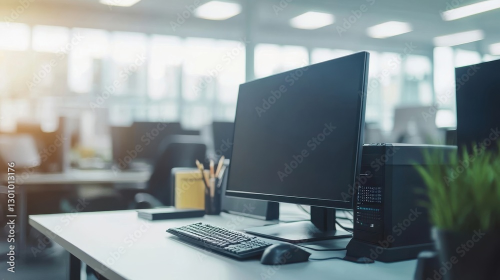 A modern office workstation setup in a bright open space A modern office workstation setup in a bright open space