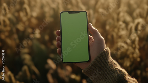 person holding smartphone with blank screen in field. warm sunlight creates serene atmosphere, perfect for tech business applications photo