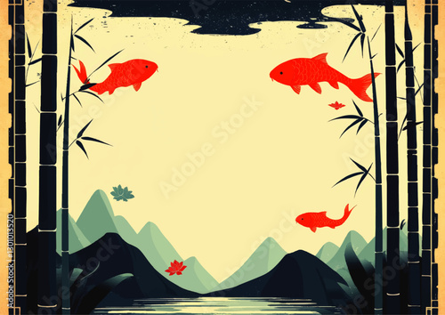 Tranquil Oriental Landscape Vector Art: Red Koi Fish, Bamboo, Mountains, Lotus Flowers, Calm Water Reflection, Asian Zen Aesthetic, Peaceful Nature Scene