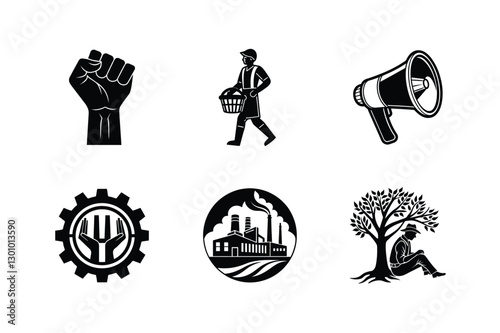 Six monochrome icons depict labor movements, food production, industry, and community activism. Symbols include a raised fist, farmer, megaphone, gear with fork, factory, and person under a tree.