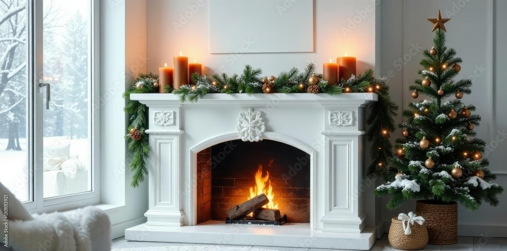 White mantel adorned with a pine garland and brown candles, snowy landscapes, soft lighting White mantel adorned with a pine garland and brown candles, snowy landscapes, soft lighting