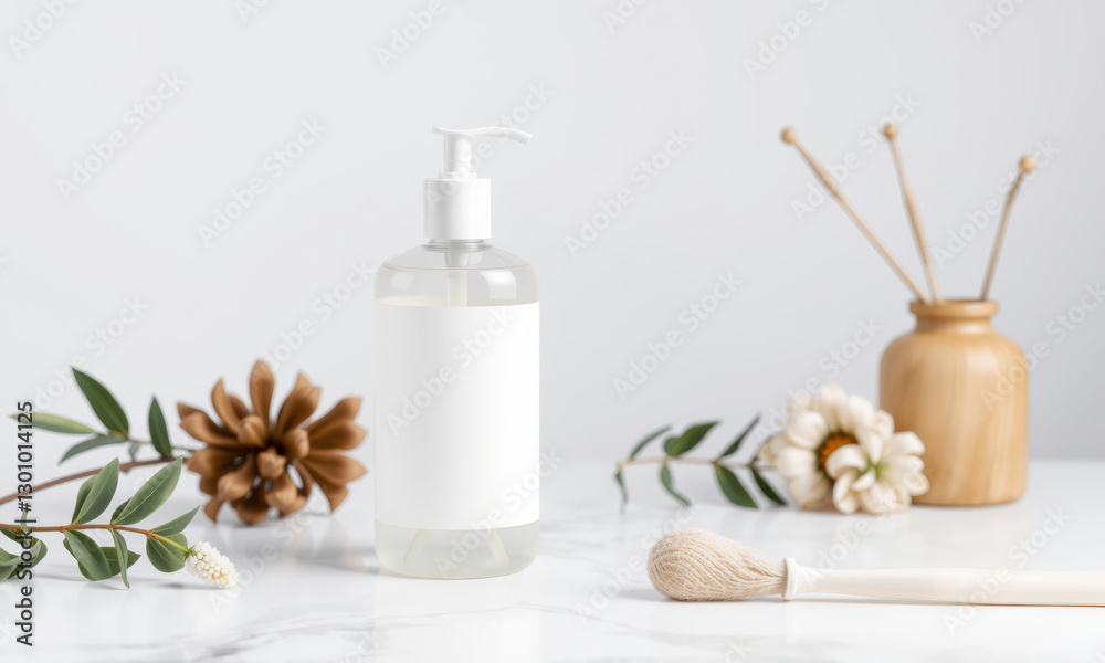clear soap bottle mockup surrounded by natural elements like flowers and leaves, creating serene and aesthetic display. Perfect for product showcasing clear soap bottle mockup surrounded by natural elements like flowers and leaves, creating serene and aesthetic display. Perfect for product showcasing