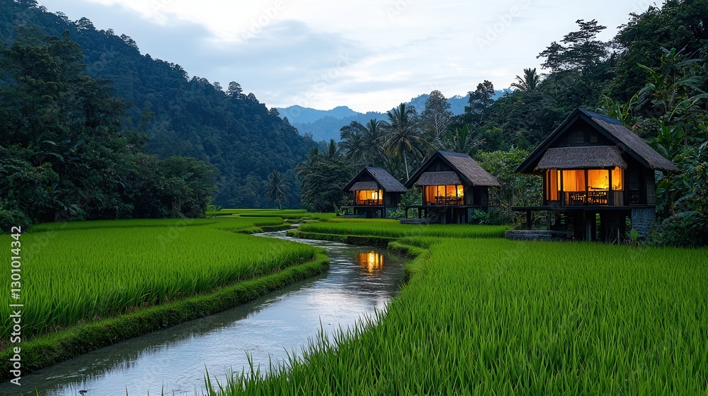 Fototapeta premium Tranquil Rice Fields and Traditional Homes Near Serene River