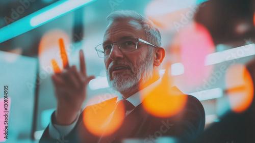 professional man with glasses gestures while speaking in modern office setting, illuminated by colorful lights, conveying sense of authority and engagement