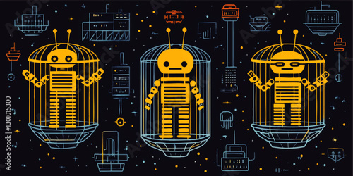 Futuristic Robot Vector Art: Vibrant Yellow Robots in Sci-Fi Cylinders with Circuit Patterns and Space Elements on Black Background - High Tech Digital Illustration