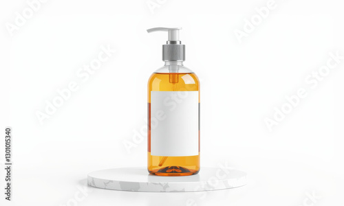 clear soap bottle mockup with pump, featuring blank label, placed on circular stand. amber liquid inside adds warm touch to design