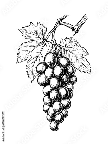 Vector engraved illustration of grapes with leaves for product design in a botanical style