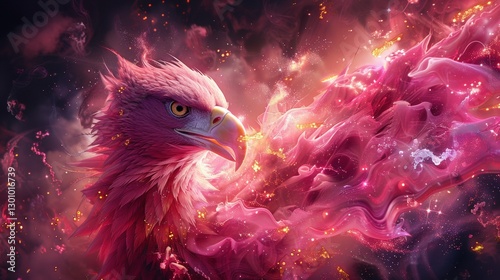 A vibrant pink phoenix emerging from swirling cosmic clouds, symbolizing rebirth and transformation