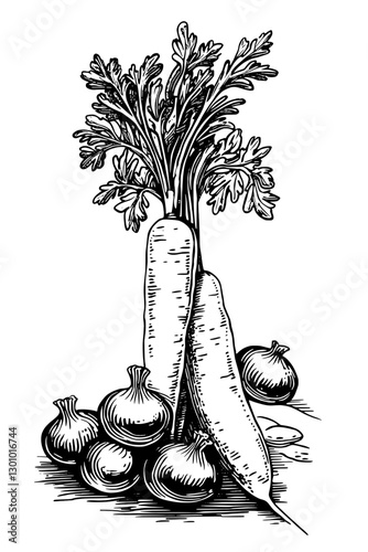 Vector engraved illustration showcasing fresh root vegetables and onions for product design