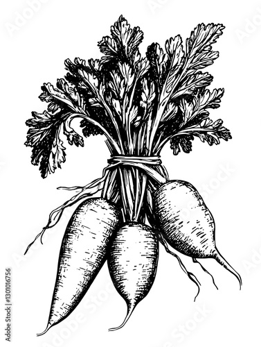 Detailed vector engraving of fresh radishes tied together with green leaves for product design and illustration