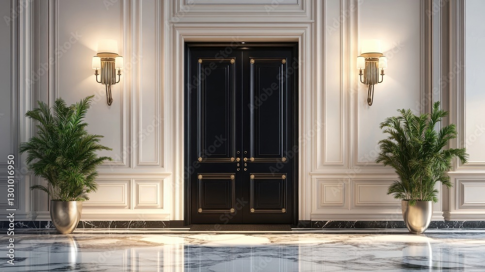 An elegant hallway with a decorative black double door
