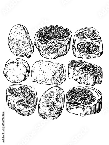 Vector engraved illustration of various cuts of meat ideal for culinary product design and packaging