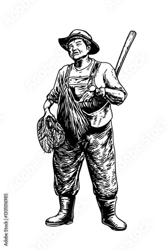Vector engraved illustration of a farmer holding a crop with a hoe in work attire