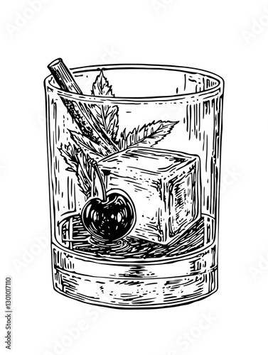 Engraved vector illustration of a cocktail with ice, cherry, and mint leaves in a glass