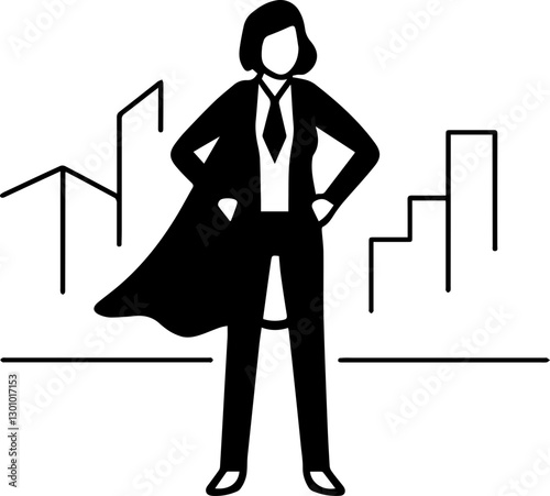 Businesswoman in leadership role concept Confident businesswoman standing in a cityscape silhouette.