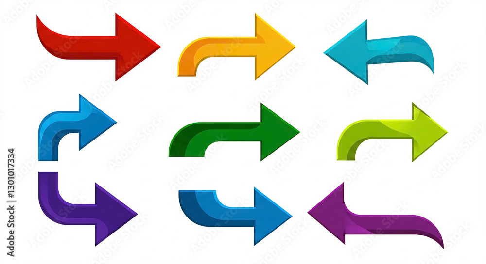 Collection of Colorful Glossy 3D Arrows on White Background Collection of Colorful Glossy 3D Arrows on White Background