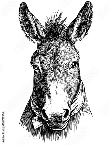 Vector engraved illustration of a donkey with a scarf for product design and artistic use